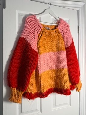 VRG GRL Chunky Oversized Colourblock Knit Sweater Pink Orange Red M/L